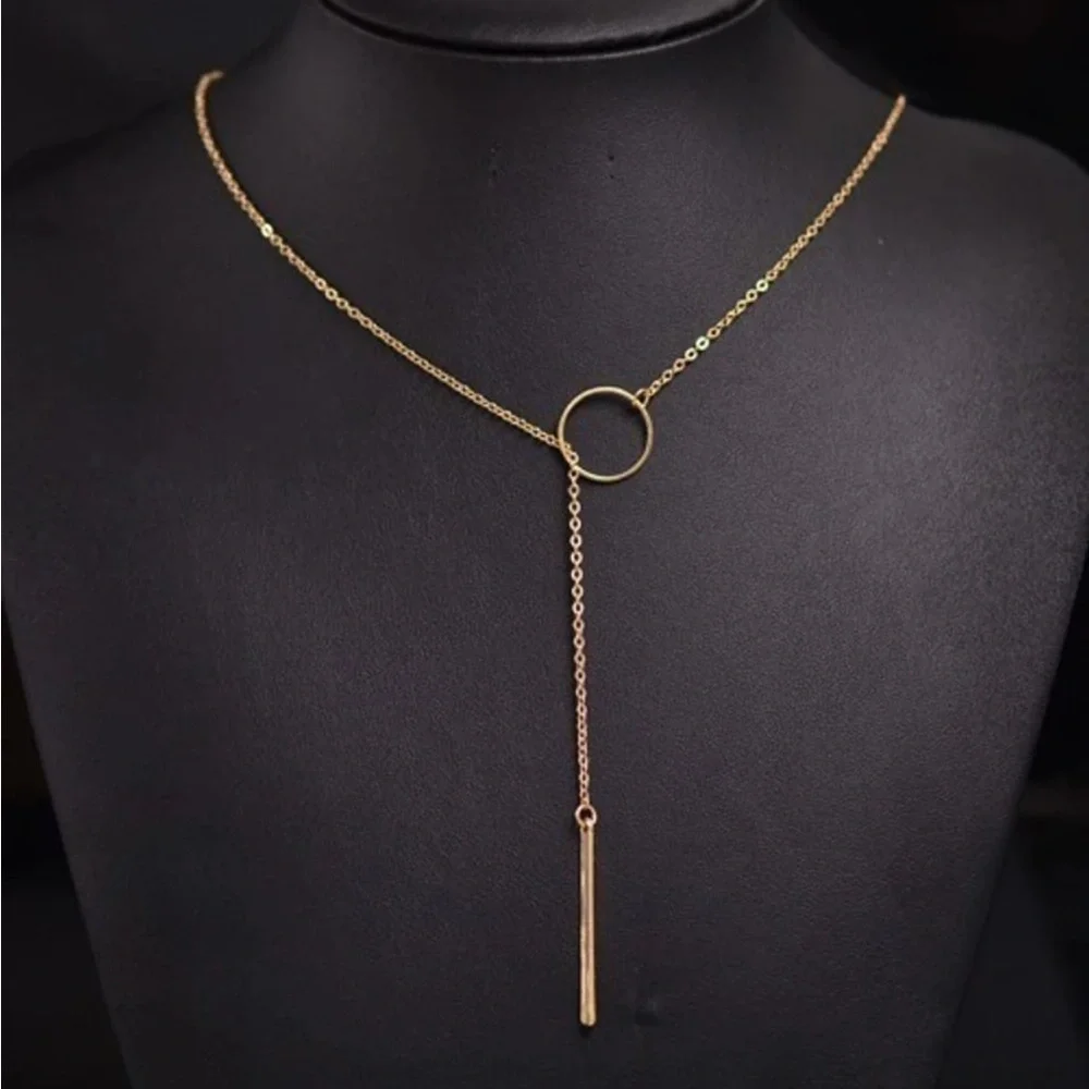Gold Y Lariat Necklace Minimalist Circle Drop Pendant Dainty Layered - Picture 3 of 3